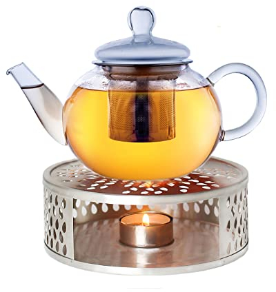 Creano Glass Teapot 800ml with Warmer - Stovetop Safe Tea Kettle with Stainless Steel Infuser and Glass Lid - Ideal for Preparing Loose Teas - Drip Free
