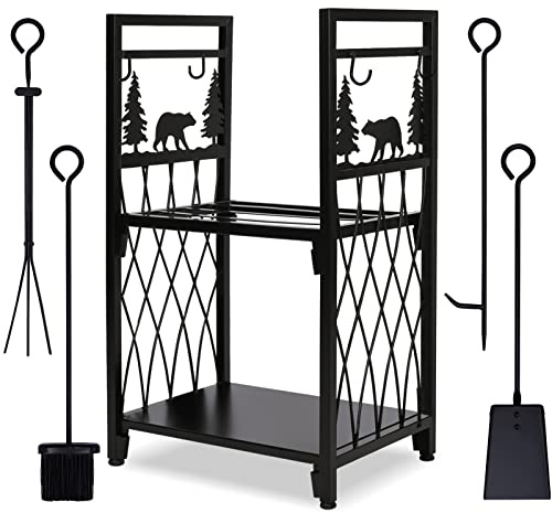 MYFIREPLACEDIRECT Firewood Rack with 4 Fireplace Tools, Fireplace Tool Sets Log Rack Outdoor Heavy-Duty Log Wood Storage Accessory for Indoor Fire Pit Wood Holders with Shovel, Poker, Tongs, Broom