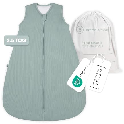 emma & noah Baby Schlafsack 2.5 TOG, Strampelsack für den Herbst und Winter in vielen Farben, Bio-Baumwolle, OEKO-TEX Zertifiziert, Schlafsack für Neugeborene (Essential Mint, 80 cm)
