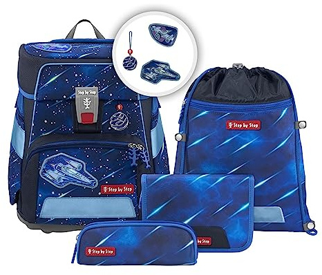 Step by Step Schulranzen-Set Space Reflect „Star Shuttle Elio“ 5-teilig, ergonomischer Tornister, Reflektoren, höhenverstellbar, Hüftgurt, Grundschule, 1. Klasse, 20L, blau-schwarz, Raumschiff-Design