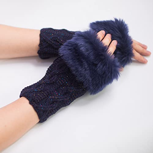 PTNKUIIY Winter Armstulpen Pulswärmer für Damen,Kunstpelz Kunstfell Armstulpen Halb Fingerlose Handschuhe Fäustlinge Weich Faux Pelz Armstulpen Fell Manschetten Stricken Armlinge Ärmel Armwärmer,Blau
