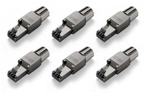 VCELINK RJ45 Stecker Cat7 werkzeuglos, geschirmt, PoE-kompatibel, Netzwerkstecker Cat7/Cat6a, 10 Gbit/s, Metalllasche, geeignet für Heimnetzwerk & Büro, für 22–24 AWG Kabel, schwarz, 6 Stück