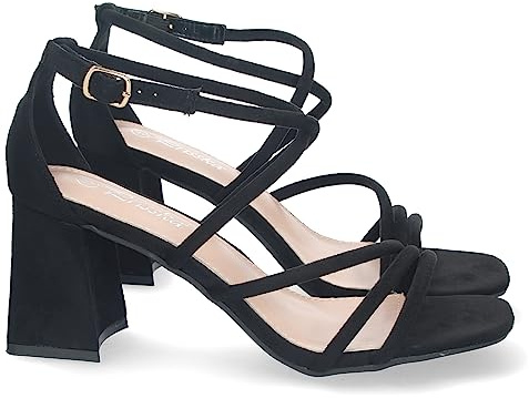 shoes&blues.es 75239 Sandalia de Tacon para Mujer, Comodo, con Tiras Finas Cruzadas, Talon Cerrado, y Cierre de Hebilla Negro Talla 37