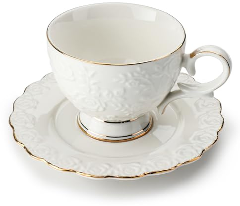 Leegg Tea Cup Set of 2 for Morning Tea Including 1 Ceramic Tea Cup with 1 Saucer (White)
