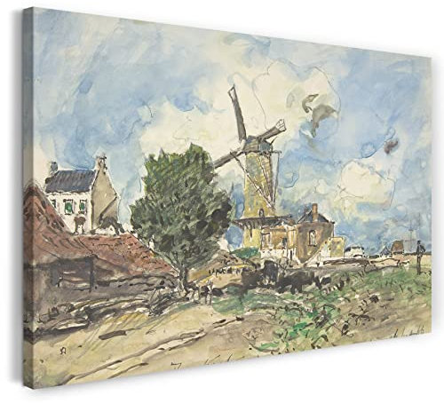 Leinwandbild (40x30cm) Johan Barthold Jongkind: Windmühle in Antwerpen, Leinwand auf Keilrahmen gespannt und fertig zum Aufhängen, hochwertiger Kunstdruck aus deutscher Produktion