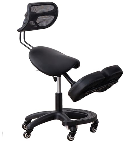TUJOBA Sattelhocker Pu Pad Rolling Swivel Sattel Knienstuhl, Mesh -Rückenlehne Ergonomischer Haltungshocker mit Fußstütze, Schmerzwinkeltsitz für Büro/Zuhause Lindern
