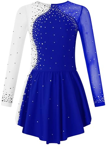 Aislor Tanzkleid Mädchen Pailletten Eiskunstlauf Kleid Kinder Langarm Ballettkleid Tanztrikot mit Rock Kleider Gymnastikanzug Wettbewerb Tanz Kostüme W Königsblau 134-140