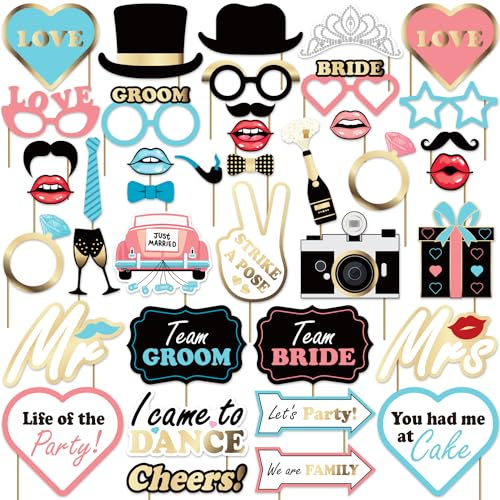 AMFEOV 40pcs Photo Booth Props - Wedding Party Supplies Decorations for Photobooth - Glitter Gold Pink Teal Selfie Props