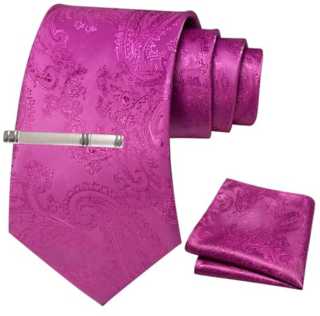 JEMYGINS Herren Paisley Krawatten set mit Krawattenklammer und Einstecktuch,Magenta