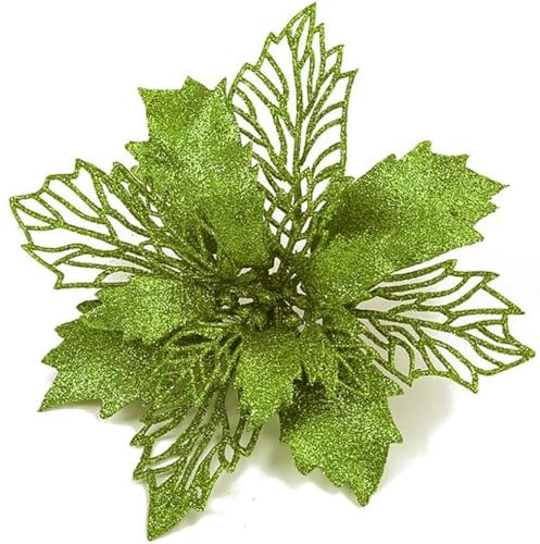 Whakano 10 Stück Weihnachten Glitzer Weihnachtsstern Blumen mit Clips,Poinsettia Weihnachtsblume Glitzernde für Weihnachtsbaum Dekorationen,Weihnachtsblumen für Weihnachts,Garten,Neujahr,Kränze,Grün