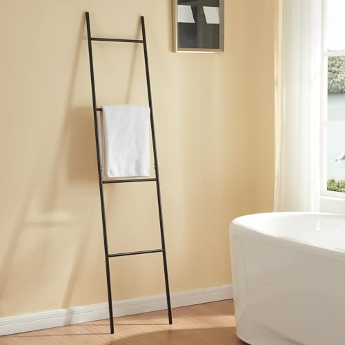 [en.casa] Estantería de 4 Niveles para Colgar Toallas Paños de Cocina Escalera Toallero con 4 Peldaños Accesorios Baño de Acero 176x38x2 cm - Negro