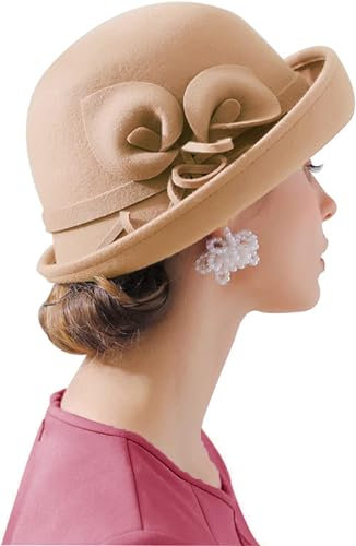 RZTA Damen Vintage 100% Wollfilz Cloche Bucket Bowler Hut Winter Vintage Schleife Fedoras Kirche Derby Fascinator Hut, A06 Khaki, Einheitsgröße