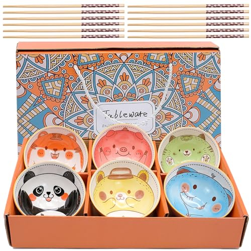 JLNGTHONG Juego de 6 Cuencos de Cerámica de Animales para Desayuno, Postres y Snacks, Cuenco Cereales, Cuencos Sopa Pequeño 300 ml - Cuencos Cerámica Colores para Postre