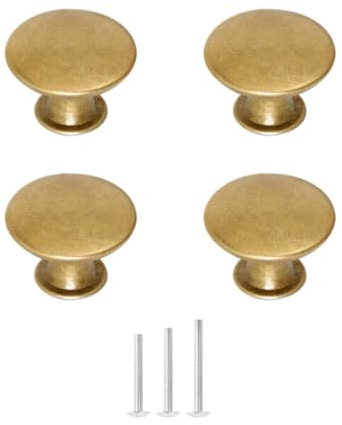 ShipeeKin Lot de 4 Boutons d’Armoire Ronds en laiton Rétro Cuisine Poignée de tiroir Champignon Tire 30mm avec vis Vinatge Chic Boutons Pour porte Salle de bain (Bronze jaune)