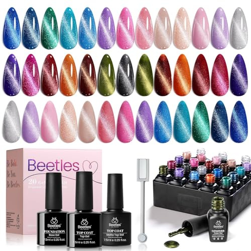 Beetles 20 Colours Cat Eye Gel Nail Polish Set with Base and Matte Glossy Top Coat, Nude Pink Green Blue Gel Polish Lush Velvet with Magnet Soak Off LED Nail DIY Art Home Salon Gifts for Women