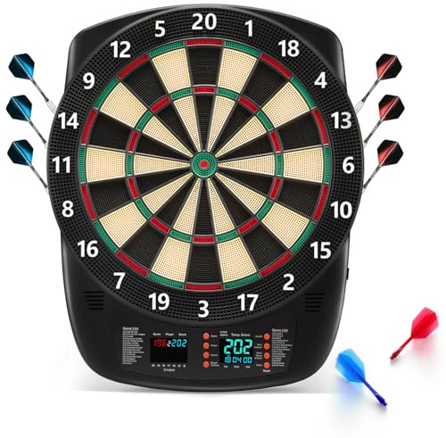 Sydora Juego de diana electrónica con pantallas LED coloridas, tablero de dardos de críquet de punta suave AC y baterías, incluye 6 dardos, 130 puntas, 6 colas de dardos integradas, adaptador de