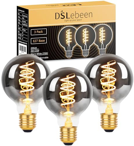 DSLebeen E27 Edison Screw Bulb: G80 4W 200LM Vintage Decorative Spiral Filament LED Globe Bulbs, Warm White Lighting 2700K Retro Lamp Non-Dimmable, 25W Equivalent, Smoke Gray Glass, Pack of 3