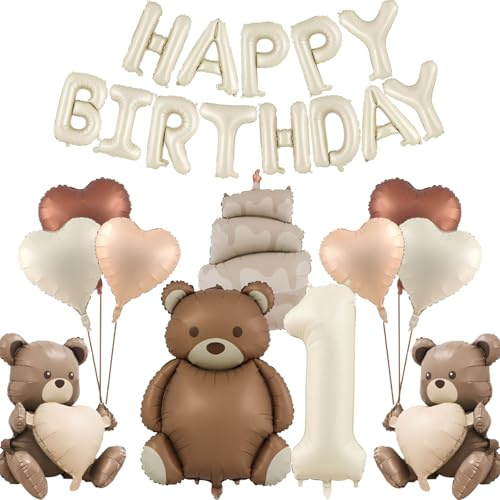 DazzJoy Björn födelsedagsdekoration 1 år pojke, ballong dekoration 1. Födelsedag flicka pojke, björnar Happy Birthday-ballong 1 födelsedag pojkar