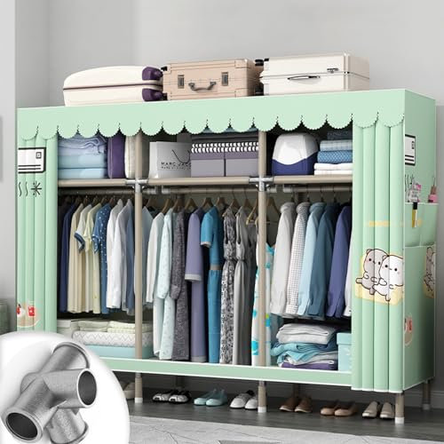 DETMOL Faltschrank 170x45x170 cm In Grün - Kleiderschrank Mit Kleiderstange, Fächern Und Seitentasche - Stoff Vorhang Für Garderobe Metall, Garderobenbügel Mit Stoff