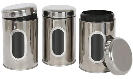 Harbour Housewares Tea Coffee Sugar Canisters Set - 3 Piece - Chrome Kitchen Canisters with Airtight Lids & Transparent Viewing Window - Stainless Steel Storage Tins for Kitchen Bench or Pantry