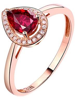 Tolldek Echtgold Schmuck Damen-Ring Rose Gold 18K Au750, 0.7ct Labor Erstellt Rubin Ring Solitär mit Diamant Tropfen Träne 750 Gold, Echtes Gold Kollektion, Gr.57 (18.1)