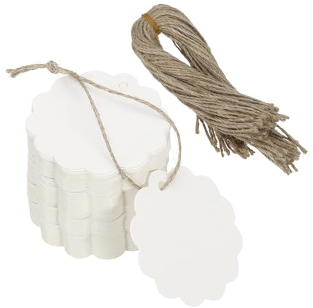 PATIKIL 100Pcs White Price Tags with Twine String Attached, 2.36 x 2.36 Inch Wavy Round Paper Hang Label Tags Craft Gift Bags Tags for Wrapping Presents Wedding Favor