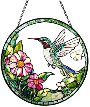 Xuoxeji Hummingbird Stained Glass Suncatcher - 7.87 Real Glass Window Hanging with Metal Chain, for Indoor Outdoor Home Garden, Gift for Bird Lovers