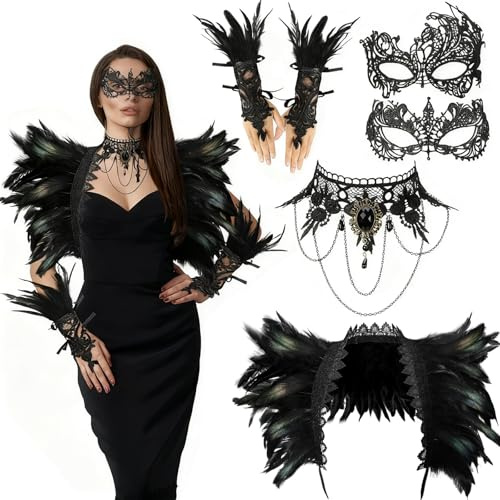 Karneval Schwarzer Federumhang mit Manschetten Gothic Schmuck Maleficent Kostüm Damen,Feder Flügel Feder Spitze Handschuhe Maskerade Maske Gothic Halskette Halloween Maskerade Cosplay Kostüm Set.
