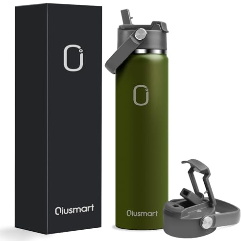 Gourde en acier inoxydable avec paille 750 ml : bouteille isotherme sous vide à double paroi anti-fuite pour le sport, les voyages, la salle de sport, sans BPA (vert armée)