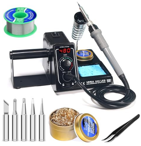 Lötstation, 60W Lötstationen Temperatur Einstellbar 90~480°C, Soldering Station mit 5 Lötspitzen, °C/°F Umrechnung, Digitale Anzeige Soldering Kit, Standby-Modus Lötset für Hobbylöten, Lötkolben