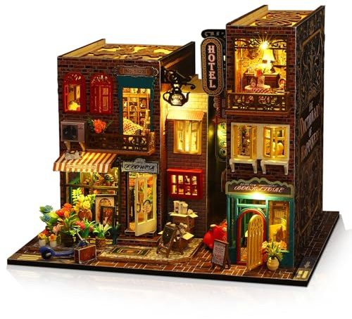 Hallisun DIY Miniature Maison, Hôtel Scarborough Puzzle 3D en Bois avec Lumière LED Musique, Kit de Maison de poupée pour Adultes, Maquette à Décoration pour Bibliothèque, Cadeau d'anniversaire