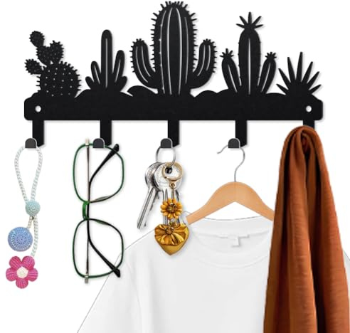 MAYJOYDIY Porte Clés Mural en Forme de Cactus du Désert 25 x 12cm Cactus Ensoleillé Plantes Noires et Sableuses avec 5 crochets pour Entrée Couloir Cuisine Bureau