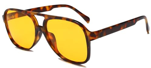 Long Keeper Gafas de Sol Piloto Polarizadas para Mujer Hombre Retro Clásico Doble Puentes Gafas de Sol Grandes Cuadradas Años 70 Protección UV400 (Leopardo Montura - Amarilla Lente)