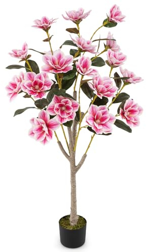 COSTWAY 130CM/4.3FT Artificial Magnolia Tree, Fake Blooming Flower Tree in Cement Pot with 18 Flowers, Realistic Leaves & Trunk, Indoor Faux Floral Potted Plant for Home Office Decor (1)