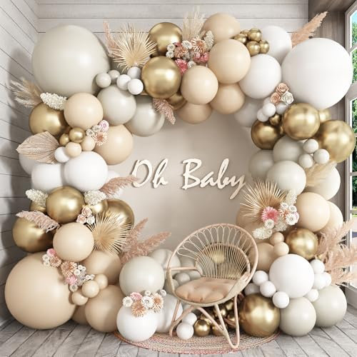 White Sand Gold Balloons Arch Double Stuffed, Cream Nude Beige Metallic Gold Balloons Garland, White Neutral Latex Balloon for Boho Baby Shower Birthday Anniversary Graduation Communion Party Decor