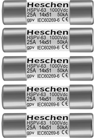 Heschen Solar DC1000V PV-Sicherung, Photovoltaik-Sicherungen, gPV-Typ-Sicherungsverbindung, 25A HSPV-63, 14 x 51 mm,1000VDC, 50 kA, für Solar-PV-Systemschutz, 5 Stück