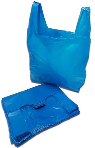 Clearly Carrier Bags, Blue Plain HDPE Vest Carrier, 11 X 17 X 21, 23MU, Heavy Duty Reusable Carrier Bags with Handles Vest Style Shopping Bags for Food, Clothes, Shopping, Books and More (200)