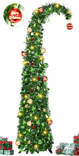 MACTING Whimsical Christmas Tree with Ball String Lights 5FT Pop Up Curved Tree with 15 Ball Lights & Hanging Ornaments Collapsible Tinsel Tree for Apartment Porch Indoor Outdoor Xmas Decor,Dark Green