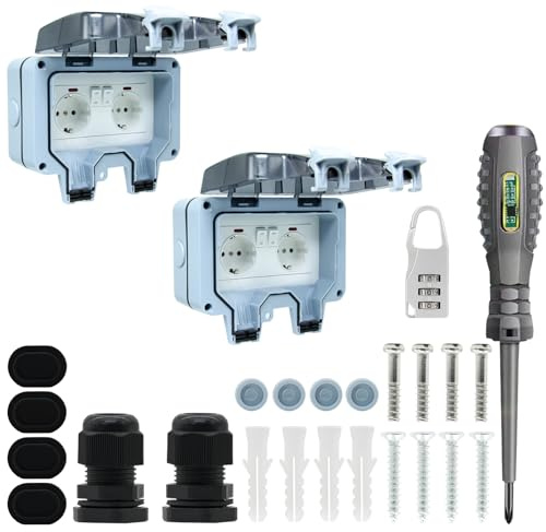 Presa da esterno impermeabile IP66 con interruttore a doppia connessione, connettore per cavo e coperchio apribile, per cucina, bagno, garage, piscina e giardino (MPG2-GSN, 2 pezzi)