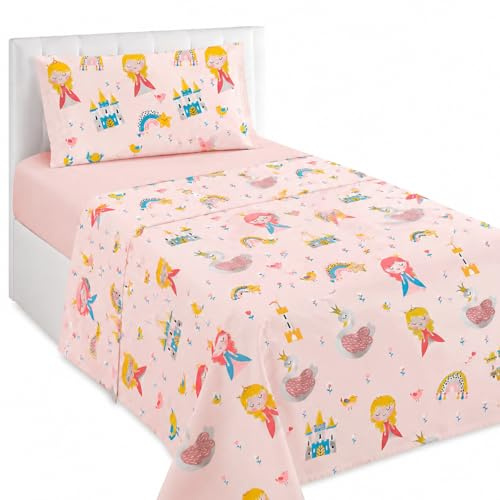 various Juego de Sábanas Infantil Cama 90 cm 3 Piezas, Sábana Bajera Ajustable + Encimera 165 x 260 cm + Funda de Almohada, 100% Poliéster, Diseño Princesa Rosa
