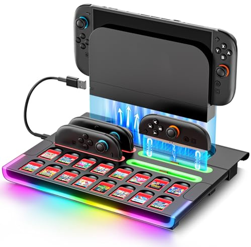 Base di Organizzazione per Switch 2 Controller e Console, Dock di Ricarica Magnetica Joy-con 2 con 9 Modalità RGB, Dock di Archiviazione Nintendo Switch 2 con 16 Slot per Schede di Gioco
