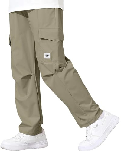 Rolanko Pantaloni Cargo da Ragazzo con Vita Elastica, Pantaloni da Jogging Sportivi Leggeri ad Asciugatura Rapida con Multitasche per Bambini, Kaki, Taglia: 160/11-12 Anni
