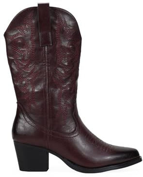BOSANOVA Botas Camperas de caña Media confeccionadas en Piel Vegana con Detalle de Costuras al Tono, tacón en Bloque de 5'5 cm y Cierre con Cremallera. Calzado para Mujer Burdeos 37