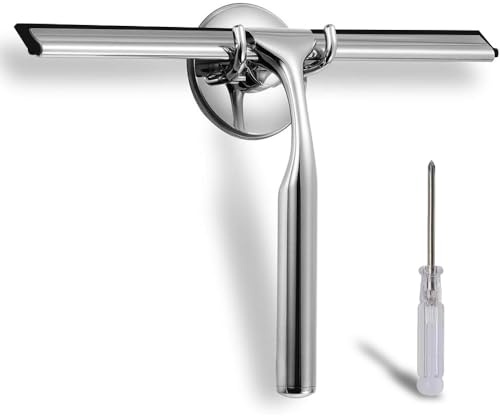 Guoxintech Shower Squeegee, Stainless Steel Window Squeegee, 10 Inch Shower Screen Wiper Cleaner with Strong Suction Hook for Bathroom, Kitchen, Mirror, Car, Window, Glass Door and Windshield Cleaning