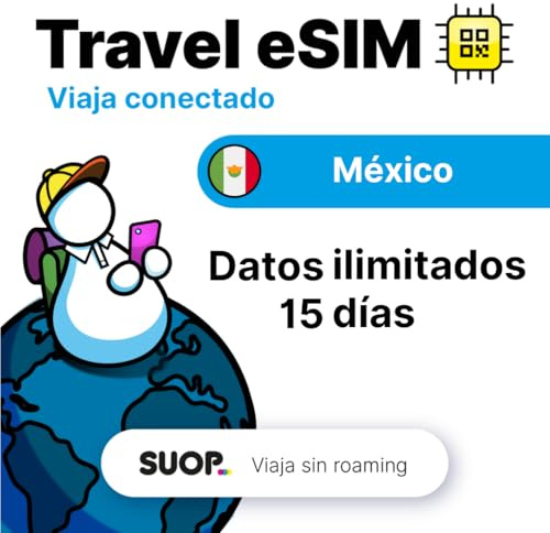 Tarjeta eSIM con Datos ilimitados para México. Tarjeta prepago móvil para Viajar sin Roaming. Incluye Cancún y Riviera Maya. Conexión de Datos de Alta Velocidad. (Datos ilimitados - 15 días)