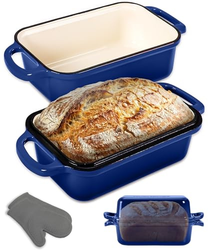 NutriChef Horno Holandés Rectangular para Masa Madre, Molde para Pan Artesanal con Tapa, Hierro Fundido Esmaltado, Con guantes de silicona, 35 cm