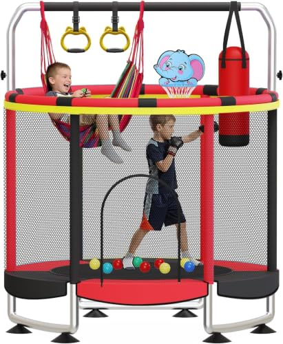 Cama elástica para niños de 55 pulgadas, 5 en 1, para interior y exterior, con barra de gimnasia ajustable y juguetes, regalo para niños y niñas de 3 a 8 años
