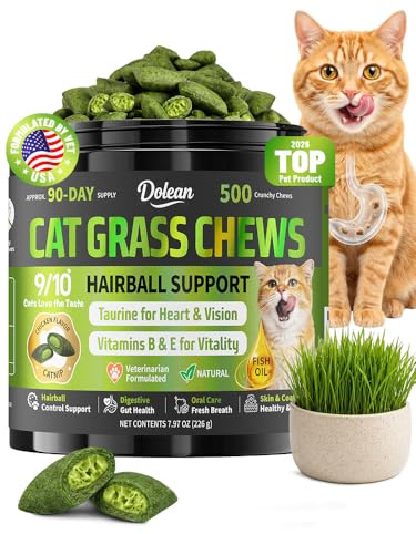 Cat Grass Treats, Hairball Treatment for Cats, for Indoor Cats, 500 Chews | Fish Oil for Skin & Coat, Taurine for Heart Vision, Digestion, Essential Vitamins of All Ages, Chicken Crunchy & Creamy