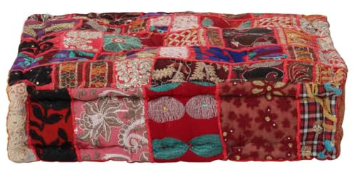 WERNBUPS Handgefertigter Sitzpouf im Vintage-Look, Flickwerk-Design, 100% Baumwolle, 50×50×12 cm, rot, mit exotischen Stickereien für indischen Stil