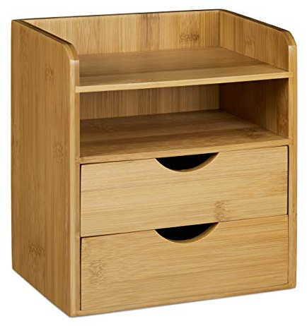 Relaxdays Schreibtisch-Organizer, 2 Ablagen, 2 Schubladen, HBT: 21 x 20 x 13cm, Briefablage fürs Büro, Bambus, natur